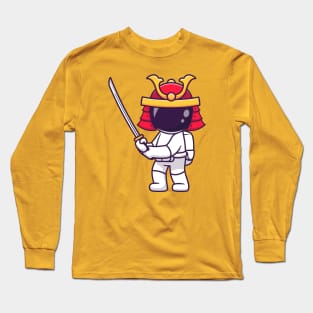 Cute Astronaut Samurai Warrior Holding Sword Cartoon Long Sleeve T-Shirt